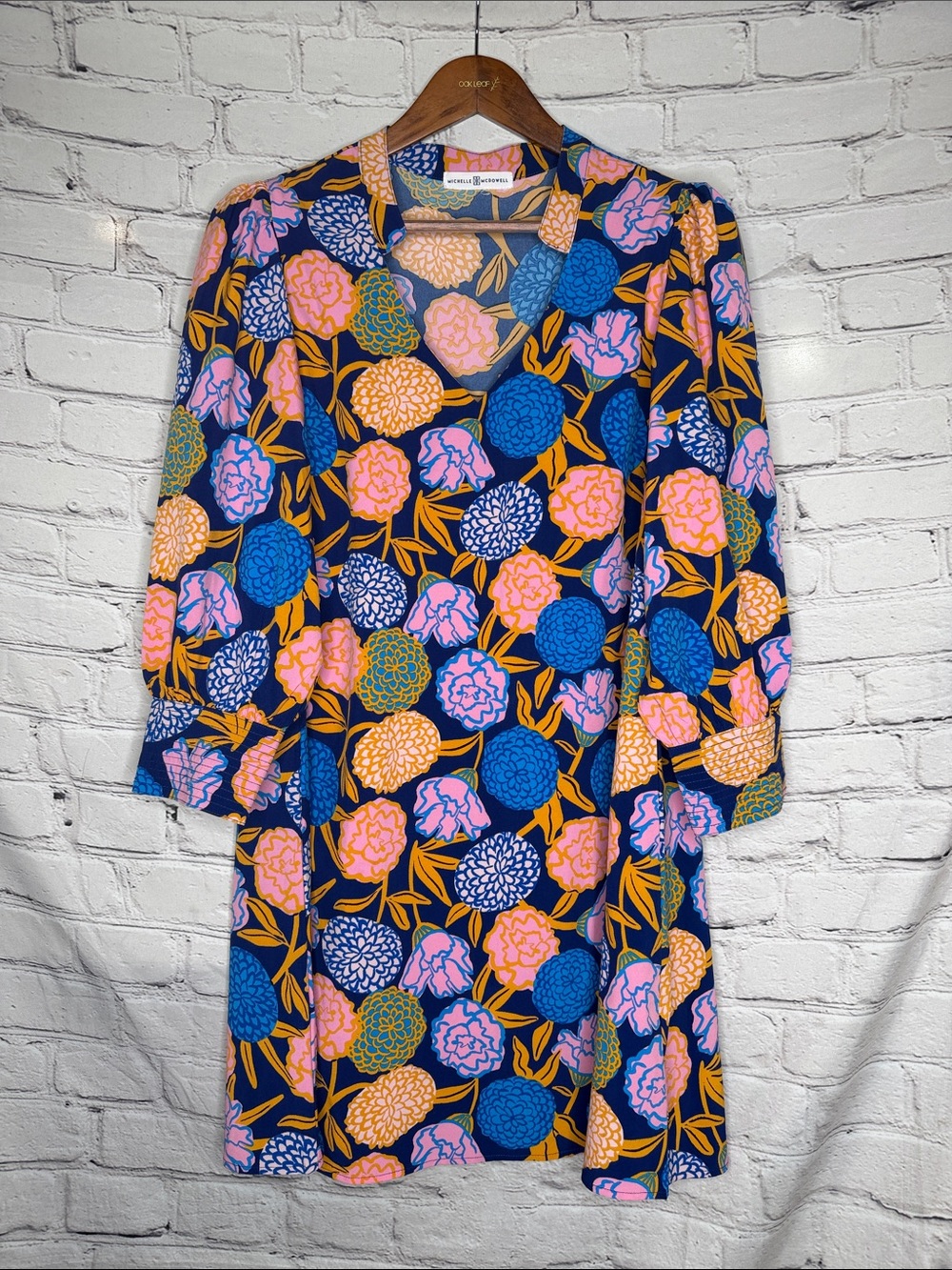 Michelle McDowell Navy Blue Pink Mustard Floral Print Long Sleeve Dress